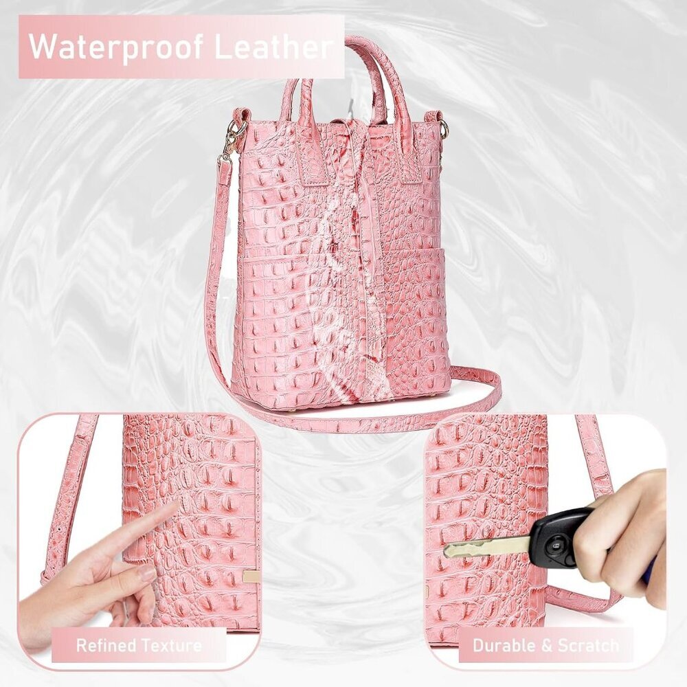 Women's Pink Crocodile Vegan Leather Tote Bag With Shoulder Strap - Picture 6 of 7